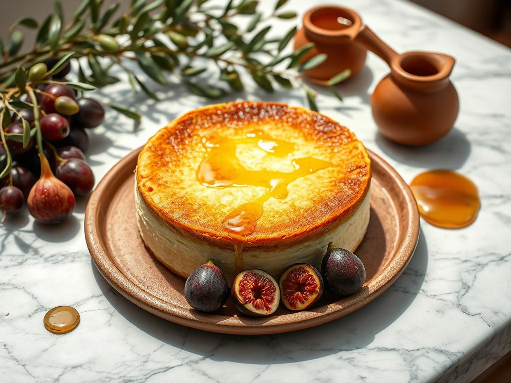 Ancient Greek-style cheesecake made with honey and soft cheese Ancient Greek-style cheesecake made with honey and soft cheese