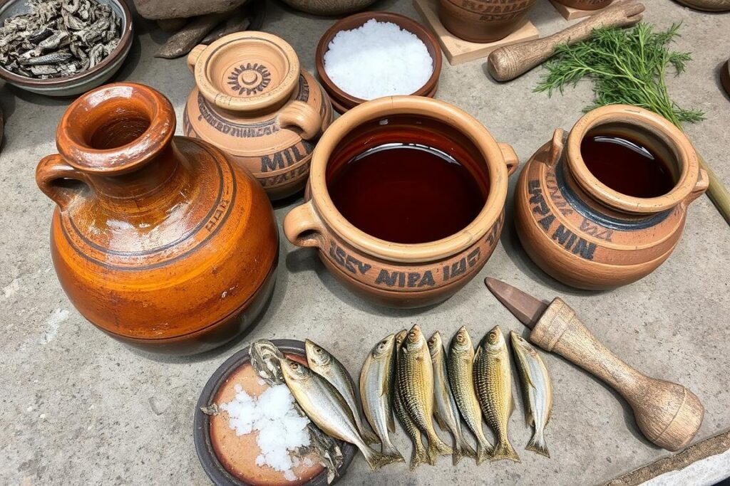 Ancient Roman garum (fish sauce) in traditional ceramic containers Ancient Roman garum (fish sauce) in traditional ceramic containers