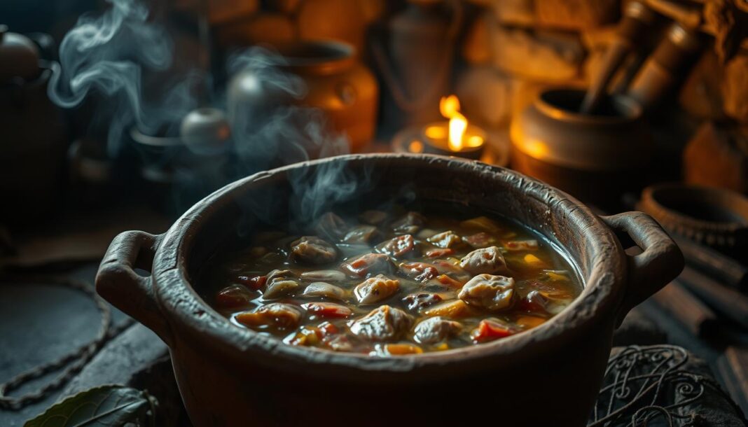 Ancient stew being prepared over an open fire, one of the oldest historical foods