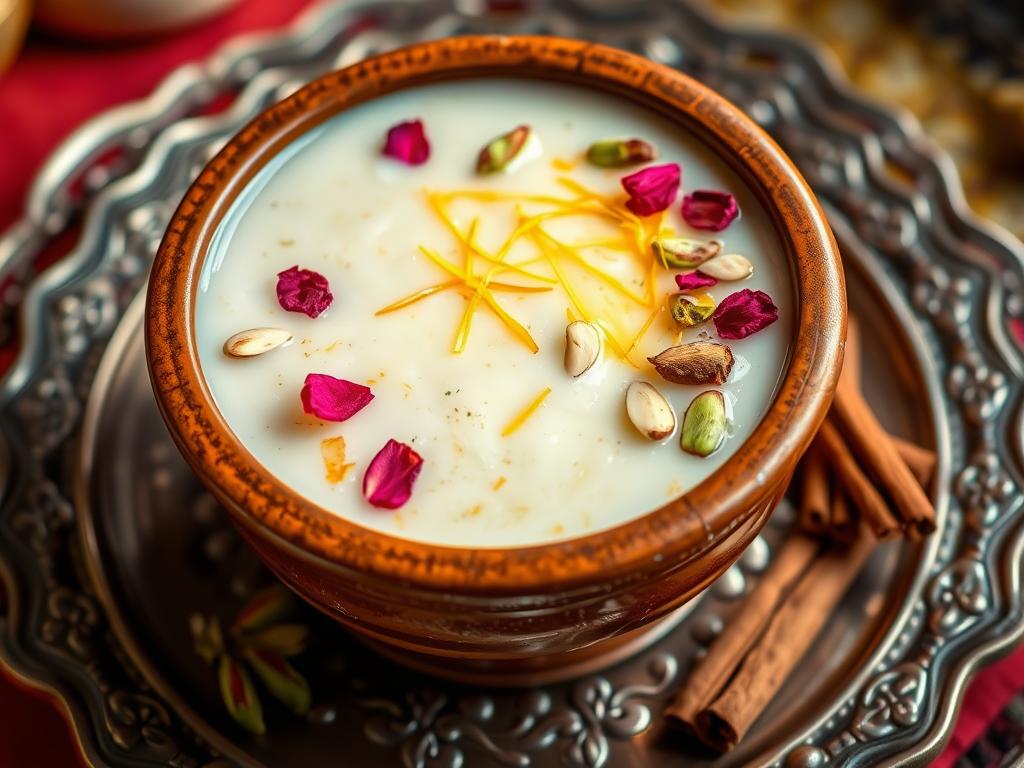 Traditional kheer (rice pudding) garnished with nuts and saffron Traditional kheer (rice pudding) garnished with nuts and saffron