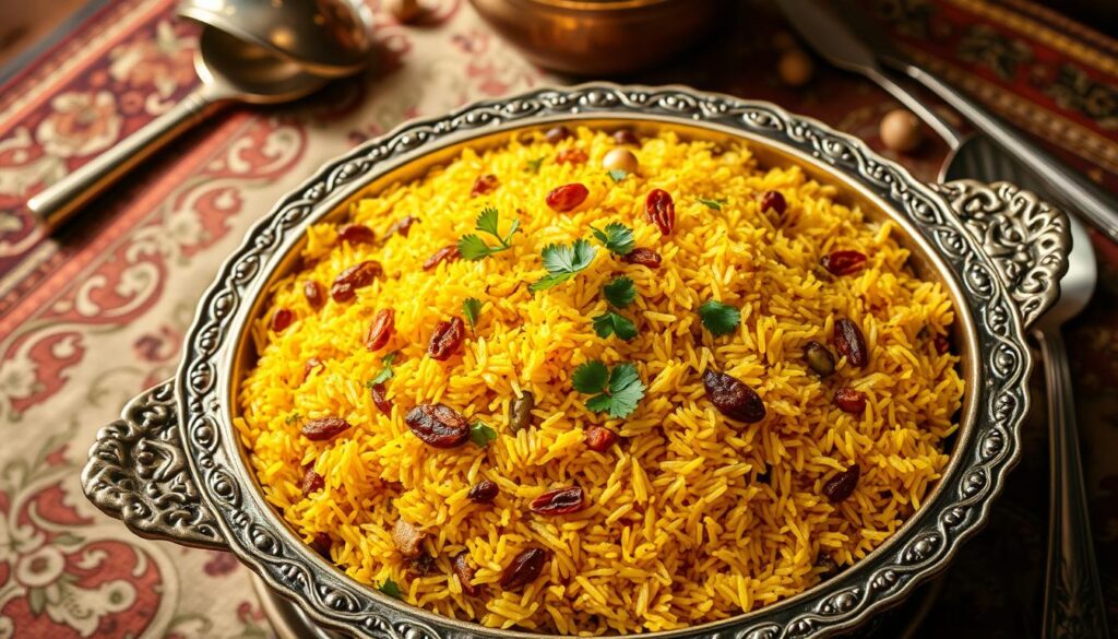 Traditional pilaf with saffron and spices, one of the oldest historical foods Traditional pilaf with saffron and spices, one of the oldest historical foods