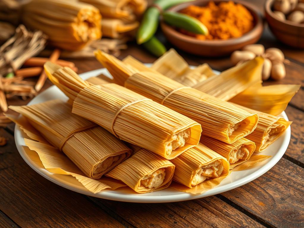 Traditional tamales wrapped in corn husks, a historical food from Mesoamerica Traditional tamales wrapped in corn husks, a historical food from Mesoamerica